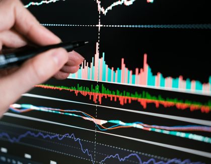 Working with stock market charts. Indicators and trading volumes. Trading. Candlestick chart.